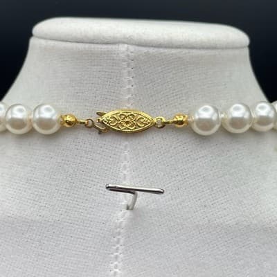 Vintage Cream Faux Pearl Necklace Gold Tone Filigree Fishhook Clasp - Thumbnail 8