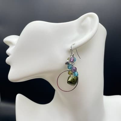 Vintage Silver Tone Multicolor Bead Hoop Drop Earrings Boho Y2K - Thumbnail 2