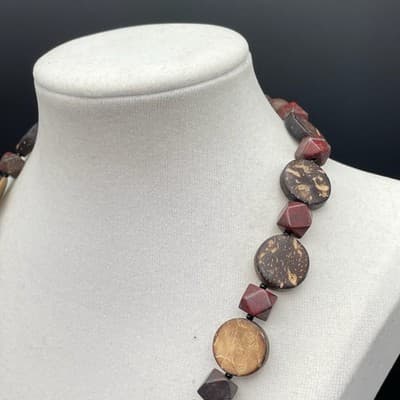 Vintage Brown Wood & Red Resin Bead Necklace Geometric Boho Statement - Thumbnail 3