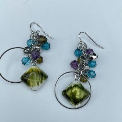 Vintage Silver Tone Multicolor Bead Hoop Drop Earrings Boho Y2K - Thumbnail 7