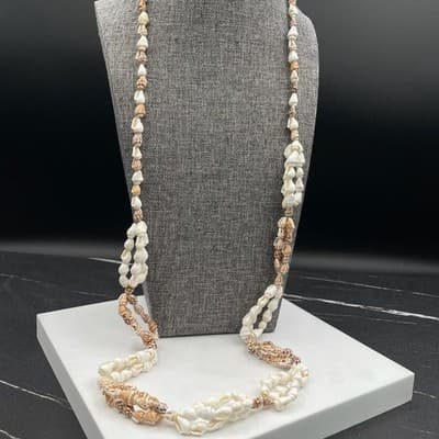 VTG 90s Continuous Shell Necklace Long Simple Beach Coastal Boho Layering Brown - Thumbnail 3