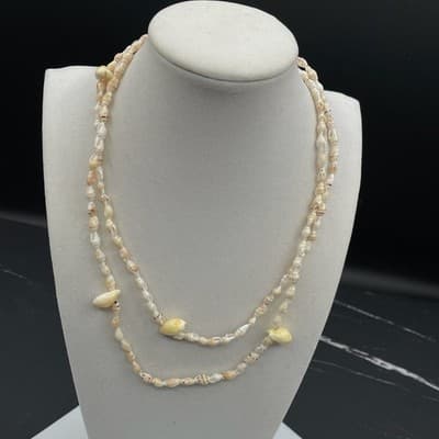 Vintage Long Puka Whelk Shell Necklace Boho Beach Jewelry Natural Cream - Thumbnail 2