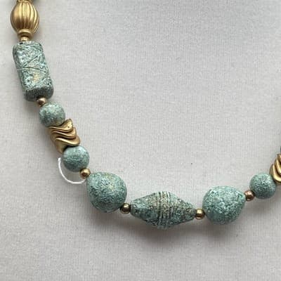 Vintage Turquoise Blue Textured Bead & Gold Tone Necklace Boho Statement - Thumbnail 5