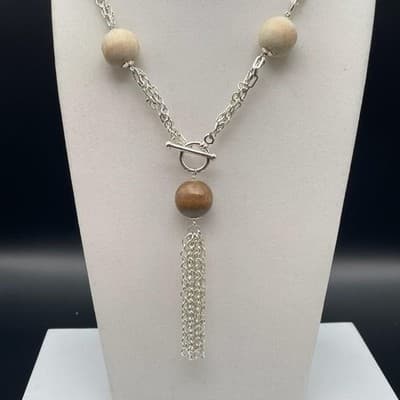 Vintage Silver Tone Chain & Wood Bead Tassel Necklace Boho Statement - Thumbnail 3