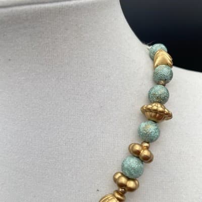Vintage Turquoise Blue Textured Bead & Gold Tone Necklace Boho Statement - Thumbnail 3