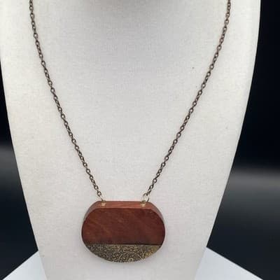 Vintage Brown Wood Round Pendant Necklace Boho Statement Chain - Thumbnail 3