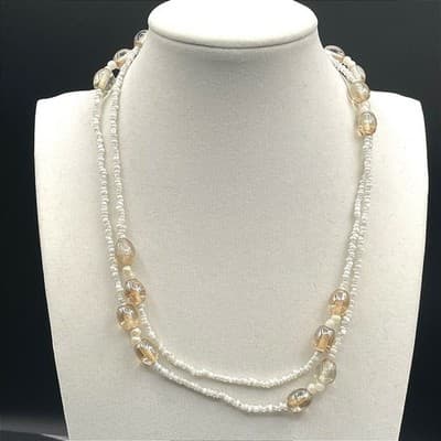 Vintage Long Strand White Seed Pearl Glass Bead Necklace 16" Lariat Style