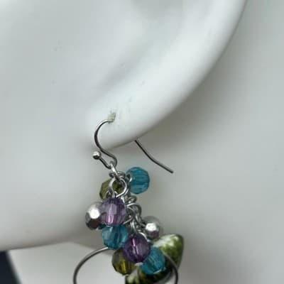 Vintage Silver Tone Multicolor Bead Hoop Drop Earrings Boho Y2K - Thumbnail 6