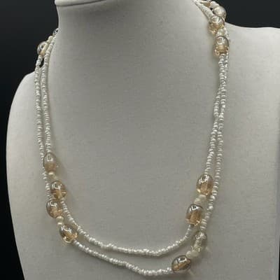 Vintage Long Strand White Seed Pearl Glass Bead Necklace 16" Lariat Style - Thumbnail 6