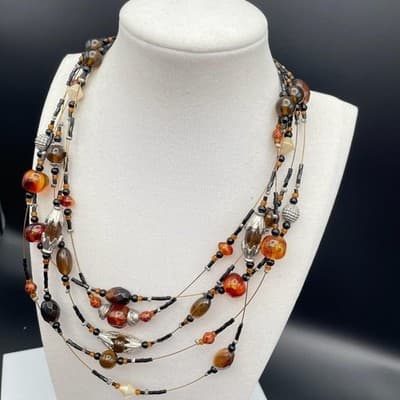 Multi-Strand Autumn Glass Bead Statement Necklace – Adjustable Lobster Clasp - Thumbnail 2