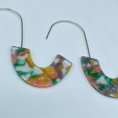 Vintage Multicolor Resin U-Shape Earrings Modern Art Deco Statement - Thumbnail 3