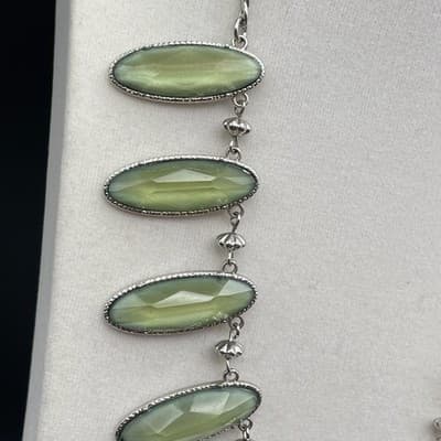 Vintage Green Glass Cabochon Necklace Silver Tone Oval Drop Statement - Thumbnail 7