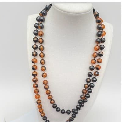 Long Black & Amber Glass Bead Necklace Halloween Fall Boho Layering Opera - Thumbnail 2
