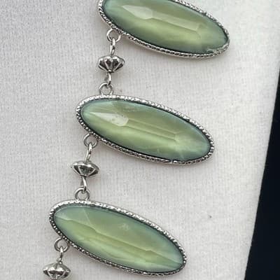 Vintage Green Glass Cabochon Necklace Silver Tone Oval Drop Statement - Thumbnail 8