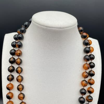 Long Black & Amber Glass Bead Necklace Halloween Fall Boho Layering Opera - Thumbnail 3