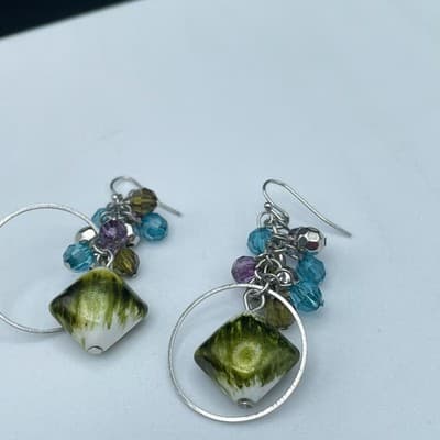 Vintage Silver Tone Multicolor Bead Hoop Drop Earrings Boho Y2K - Thumbnail 8