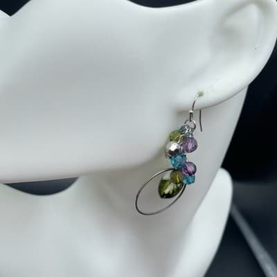 Vintage Silver Tone Multicolor Bead Hoop Drop Earrings Boho Y2K - Thumbnail 3