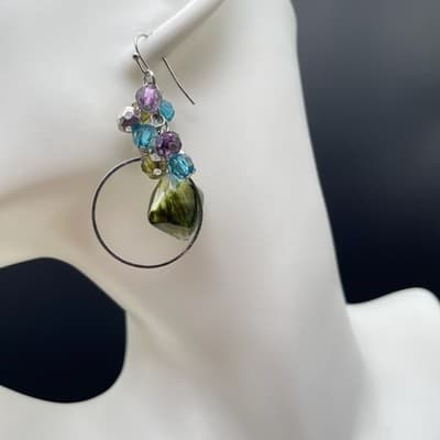 Vintage Silver Tone Multicolor Bead Hoop Drop Earrings Boho Y2K - Thumbnail 4