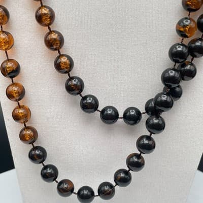 Long Black & Amber Glass Bead Necklace Halloween Fall Boho Layering Opera - Thumbnail 4