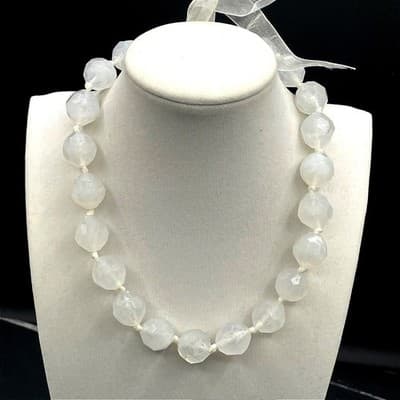 Vintage White Faceted Resin Bead Necklace Ribbon Tie Choker 14" Chunky Style