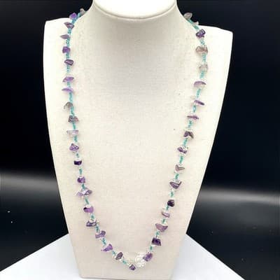 VTG Amethyst Glass Chip Necklace Choker Tumbled Gemstone Boho Classic Jewelry