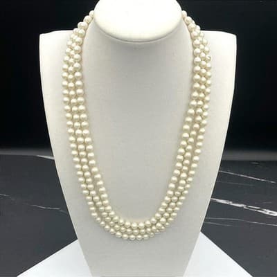 Vintage Faux Plastic Pearl Triple Strand Choker Pink Composite Stone Clasp 16"