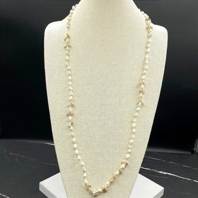 Vintage Cowrie Shell Heishi Strand Necklace Long Boho Beach Coastal Beige