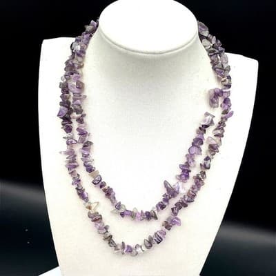 Vintage Long Amethyst Chip Necklace Double Strand Natural Purple Gemstone Boho