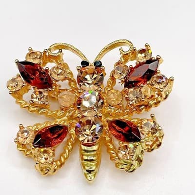 Vintage Gold Tone Brown & AB Rhinestone Butterfly Brooch Pin Jewellery 1 Inch