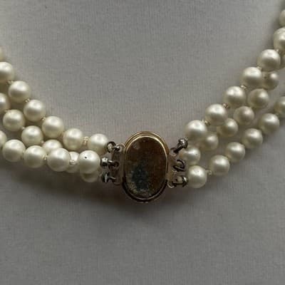 Vintage Faux Plastic Pearl Triple Strand Choker Pink Composite Stone Clasp 16" - Thumbnail 2