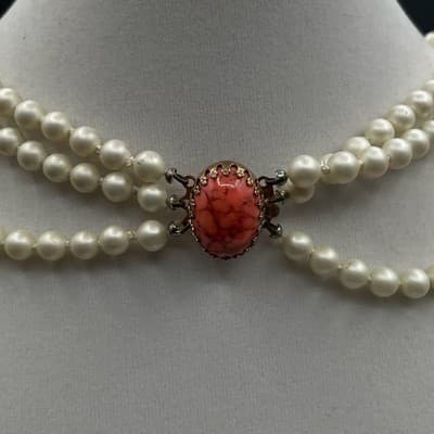 Vintage Faux Plastic Pearl Triple Strand Choker Pink Composite Stone Clasp 16" - Thumbnail 3