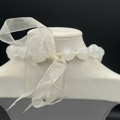 Vintage White Faceted Resin Bead Necklace Ribbon Tie Choker 14" Chunky Style - Thumbnail 6