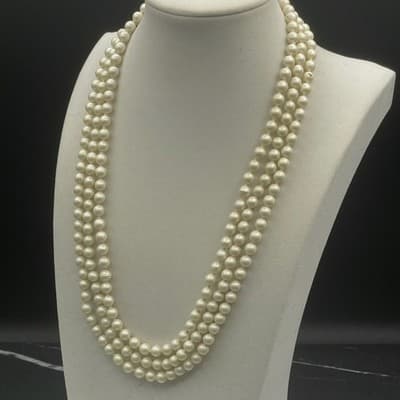 Vintage Faux Plastic Pearl Triple Strand Choker Pink Composite Stone Clasp 16" - Thumbnail 7