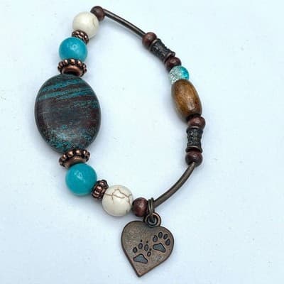 Vintage Boho Bracelet Clay Turquoise Wood Heart Paw Print Copper Tone Bangle