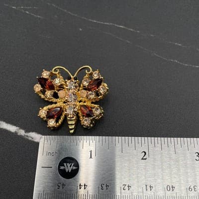 Vintage Gold Tone Brown & AB Rhinestone Butterfly Brooch Pin Jewellery 1 Inch - Thumbnail 9