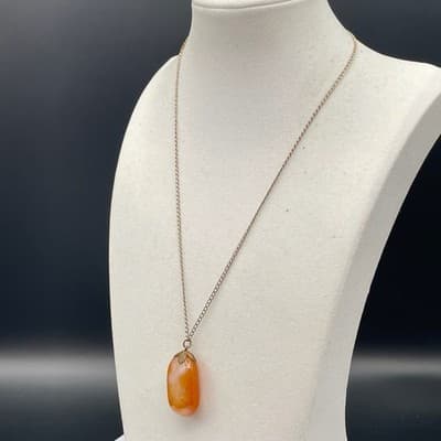 VTG Orange Carnelian Agate Stone Pebble Pendant Necklace Long Chain Gold Tone - Thumbnail 8