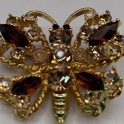 Vintage Gold Tone Brown & AB Rhinestone Butterfly Brooch Pin Jewellery 1 Inch - Thumbnail 4