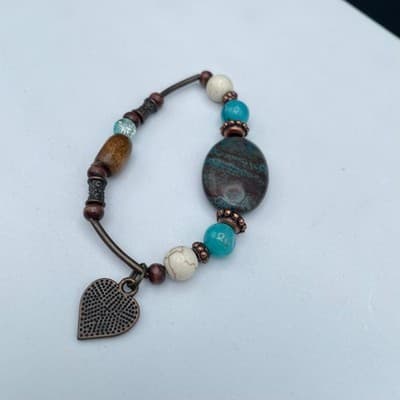 Vintage Boho Bracelet Clay Turquoise Wood Heart Paw Print Copper Tone Bangle - Thumbnail 2