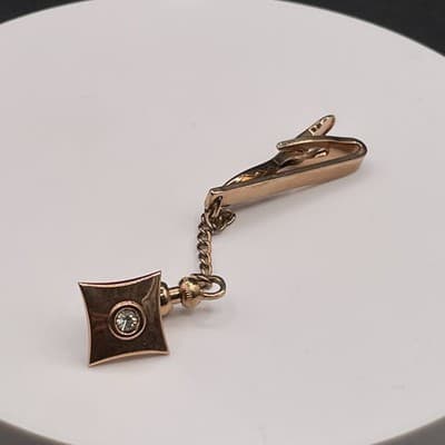 Vintage Gold Tone Dangling Fob Jockey Tie Clip Pin Rhinestone Accent Tie Bar - Thumbnail 3