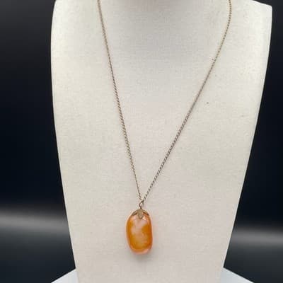 VTG Orange Carnelian Agate Stone Pebble Pendant Necklace Long Chain Gold Tone - Thumbnail 6