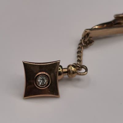 Vintage Gold Tone Dangling Fob Jockey Tie Clip Pin Rhinestone Accent Tie Bar - Thumbnail 2