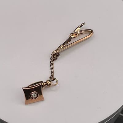 Vintage Gold Tone Dangling Fob Jockey Tie Clip Pin Rhinestone Accent Tie Bar - Thumbnail 4