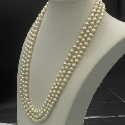 Vintage Faux Plastic Pearl Triple Strand Choker Pink Composite Stone Clasp 16" - Thumbnail 8