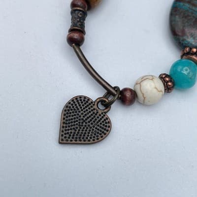 Vintage Boho Bracelet Clay Turquoise Wood Heart Paw Print Copper Tone Bangle - Thumbnail 3