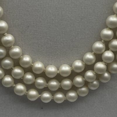 Vintage Faux Plastic Pearl Triple Strand Choker Pink Composite Stone Clasp 16" - Thumbnail 6