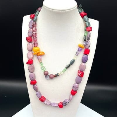 VTG Long Multi Strand Necklace Dyed Jasper Coral Glass Statement Mix Material