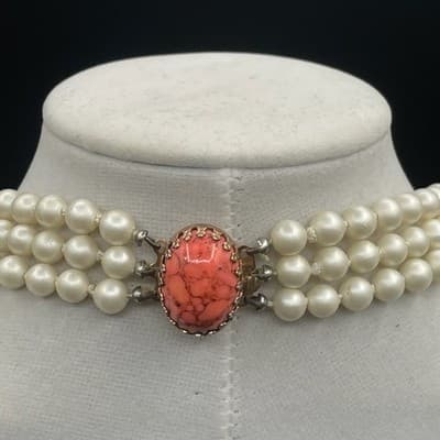 Vintage Faux Plastic Pearl Triple Strand Choker Pink Composite Stone Clasp 16" - Thumbnail 10