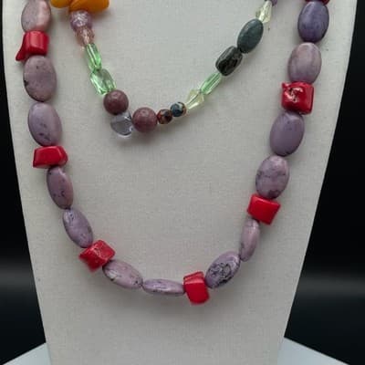 VTG Long Multi Strand Necklace Dyed Jasper Coral Glass Statement Mix Material - Thumbnail 4