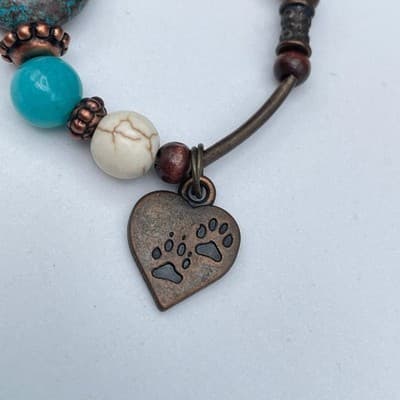 Vintage Boho Bracelet Clay Turquoise Wood Heart Paw Print Copper Tone Bangle - Thumbnail 4