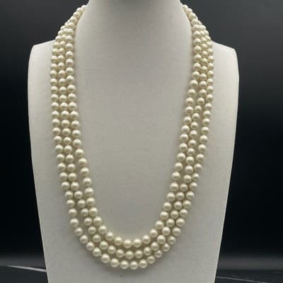 Vintage Faux Plastic Pearl Triple Strand Choker Pink Composite Stone Clasp 16" - Thumbnail 4